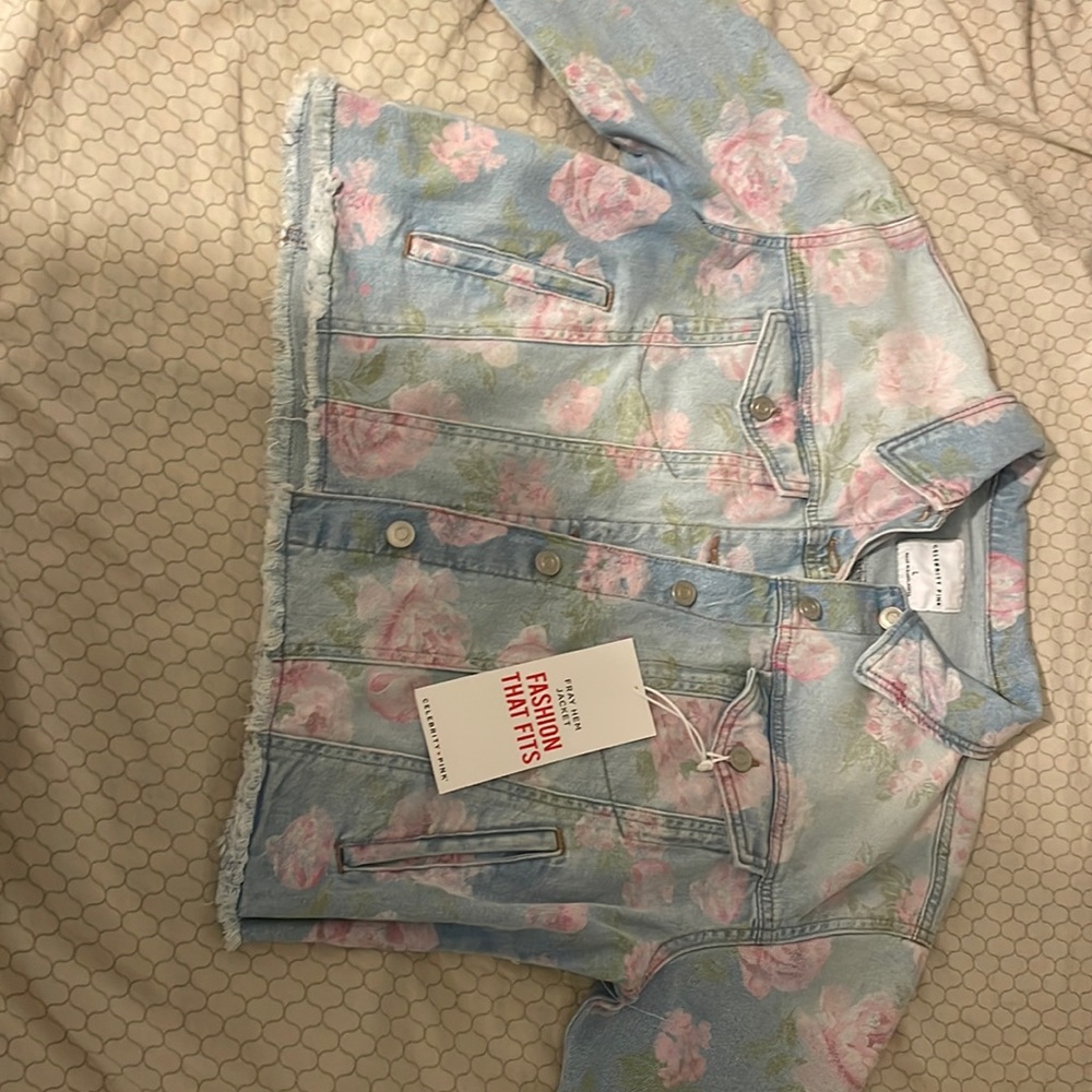 Celebrity Pink Pastel Blue Denim Jacket with Pink Rose Print